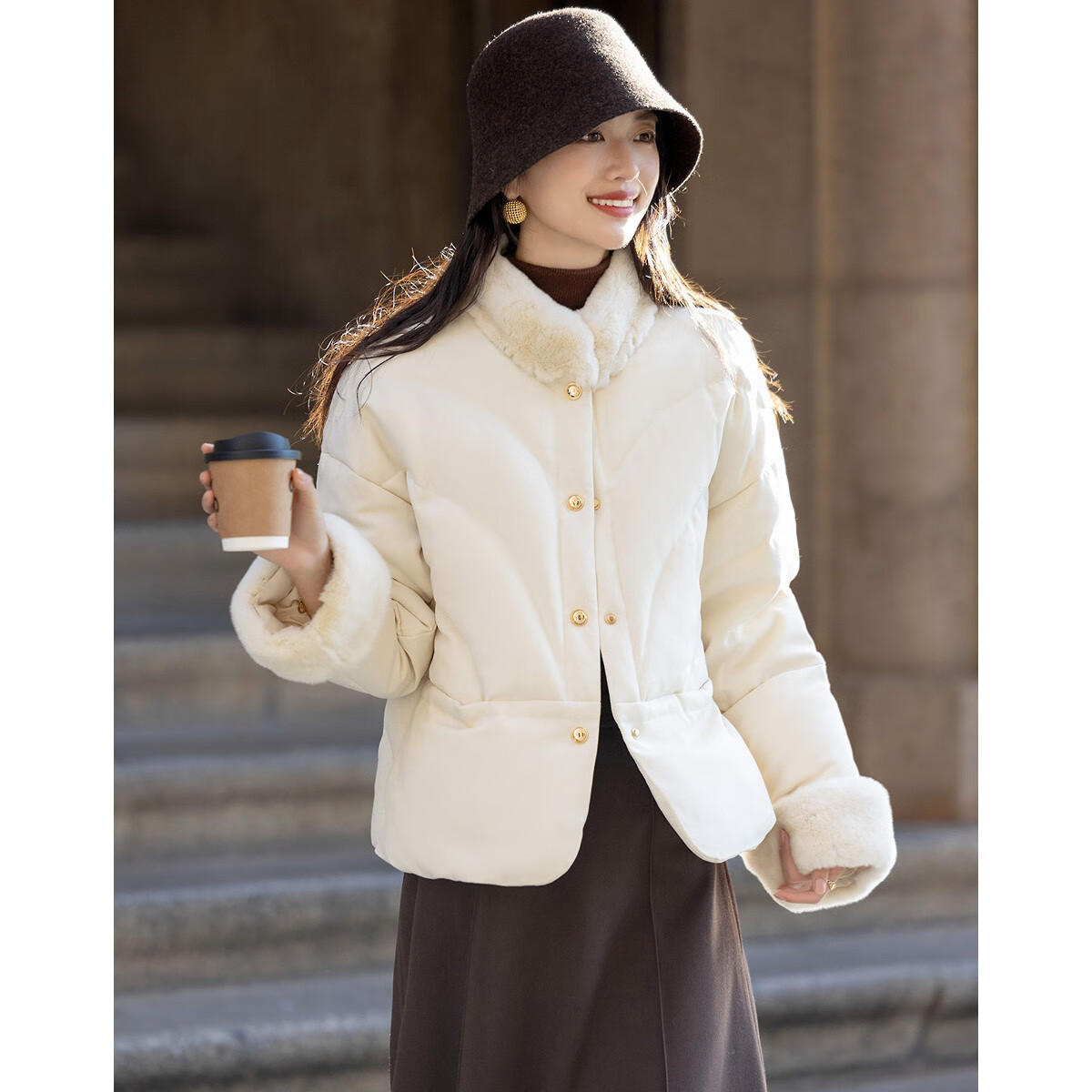 Demana Gentle Cold-Resistant Winter Lightweight Aesthetic 90% Duck Down and Rex Rabbit Fur Stand Collar Double-Breasted Women's Down Jacket