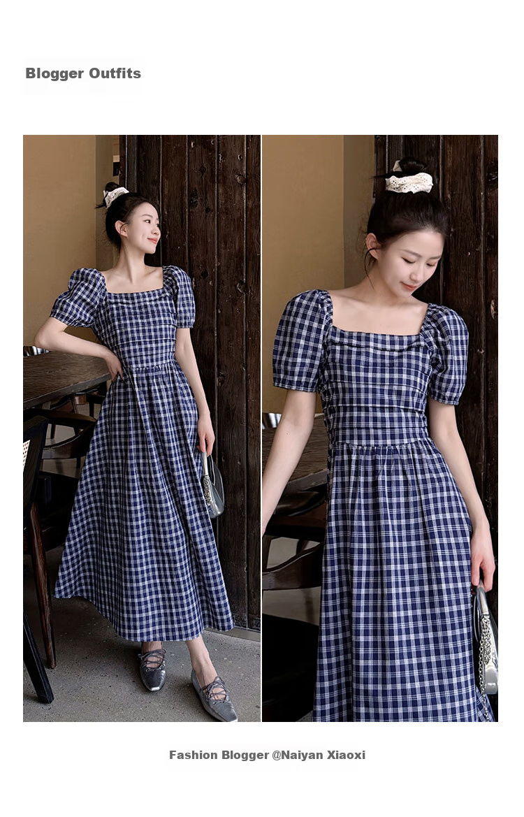 INMAN French Plaid Dress Summer Women's Versatile Puff Sleeve A-Line Skirt Navy Blue S 12
