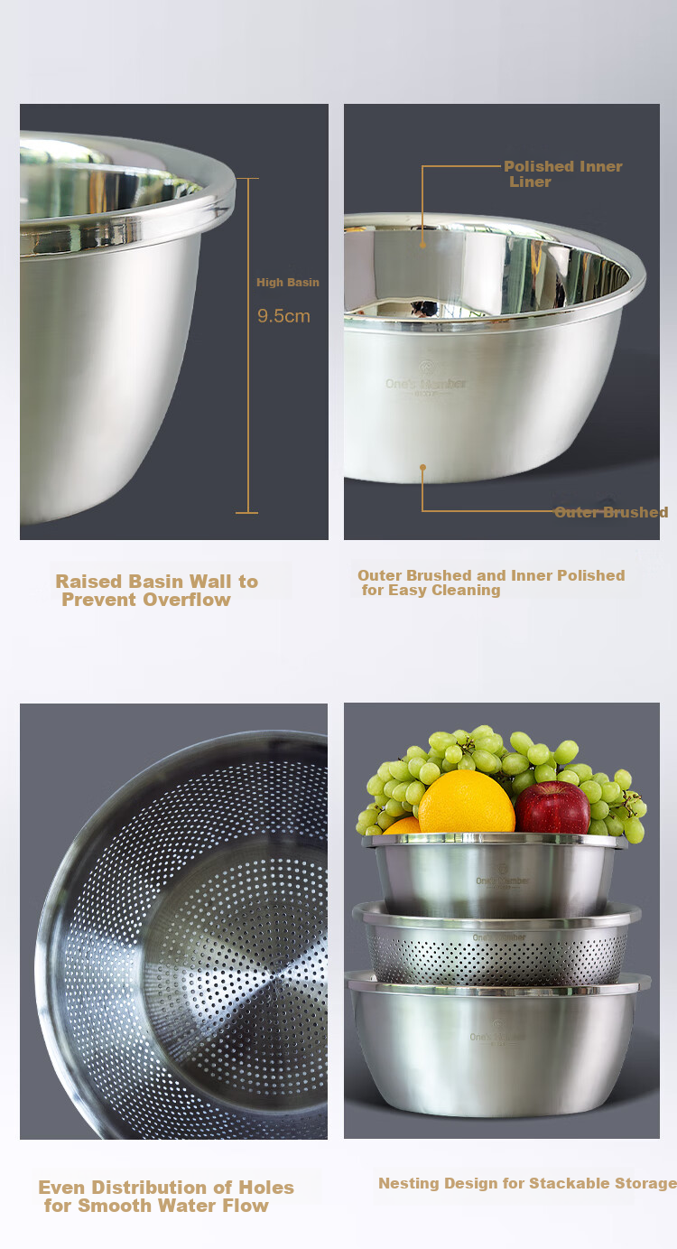 One's Member Thickened Multifunctional 304 Stainless Steel Cooking Bowl, Vegetable Washing Basin, 24/26/28cm Three-Piece Set, Dough Mixing Bowl, Seasoning Bowl 8