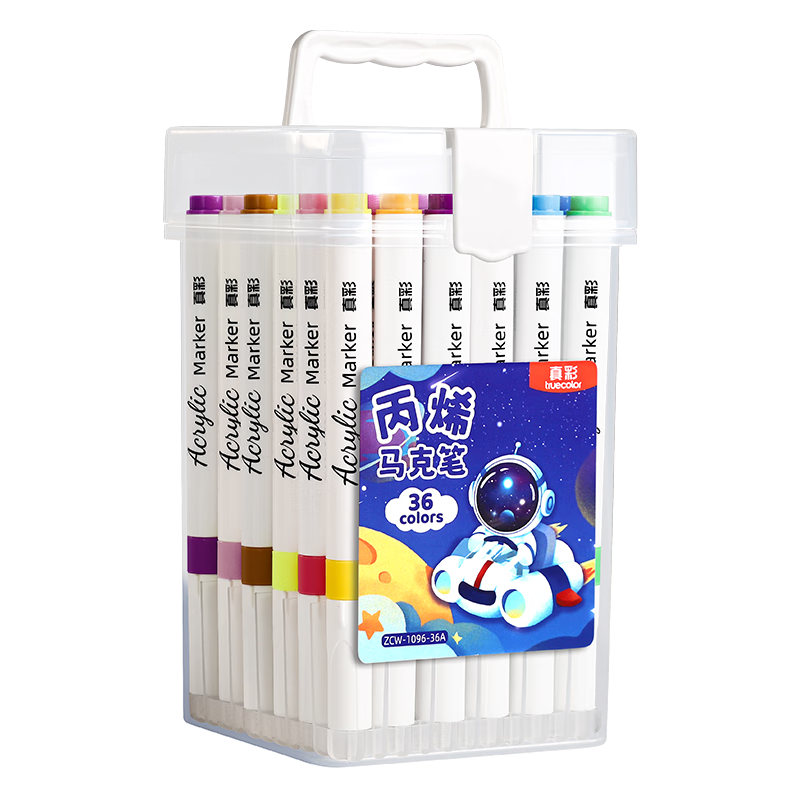 TRUECOLOR Acrylic Markers for Elementary School Students, Kindergarten Children, Art-Specific Brushes, Non-Translucent, Stackable, Hard Tip, Washable, Non-Toxic, Graffiti DIY [36 Colors in Bucket] Astronaut