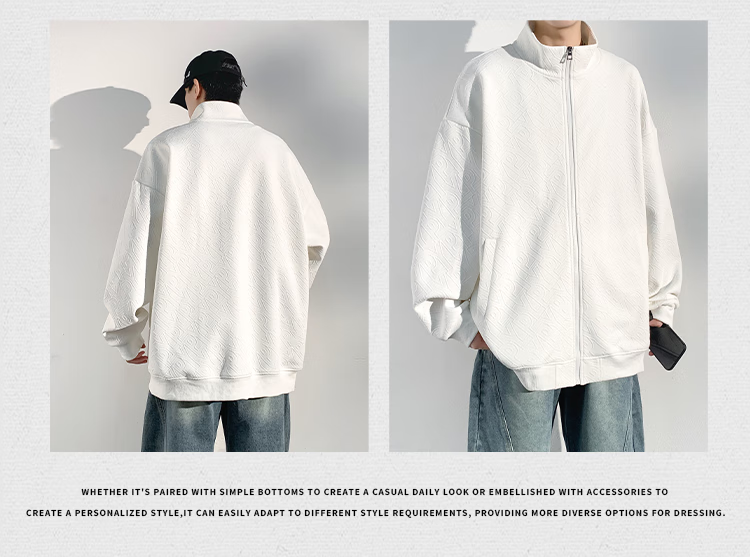 Dingfengbaoluo Men's Spring Jacket, Loose Jacquard Cardigan Sweatshirt, Turn-Down Collar Casual Zip-Up Top, KC02 White L 4