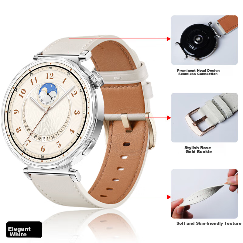 Watchbond Leather Strap for Huawei Watch GT7/GT6 Women's Model, Compatible with GT5/GT5Pro/GT4/Watch6/6Pro/5 Women's Models, 41mm Genuine Top-Grain Cowhide Elegant White Strap