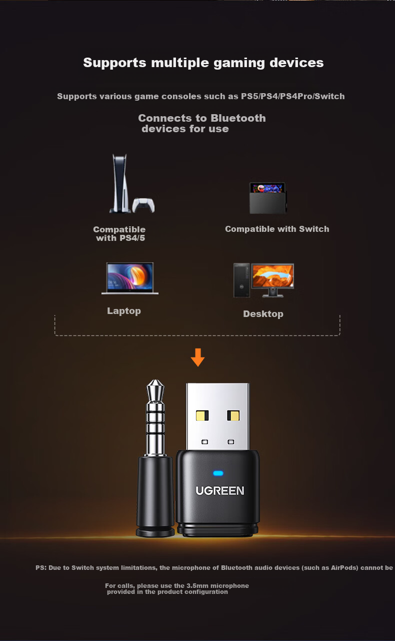 UGREEN USB Bluetooth Adapter 5.3 Gaming Edition Compatible with PS5/PS4/Switch Connects Computer to Wireless Headphones And Speakers Supports Calls Ultra-High Sound Quality 11