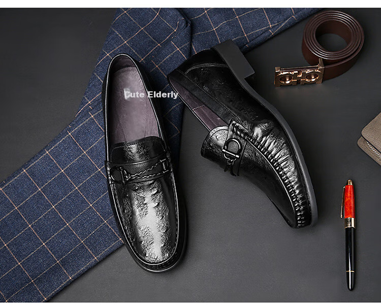 LAORENTOU Men's Leather Shoes, Top-Grain Cowhide Business Casual Shoes, Ostrich Pattern Slip-On Shoes, Dad Shoes, 520502519, Black, Size 40 1