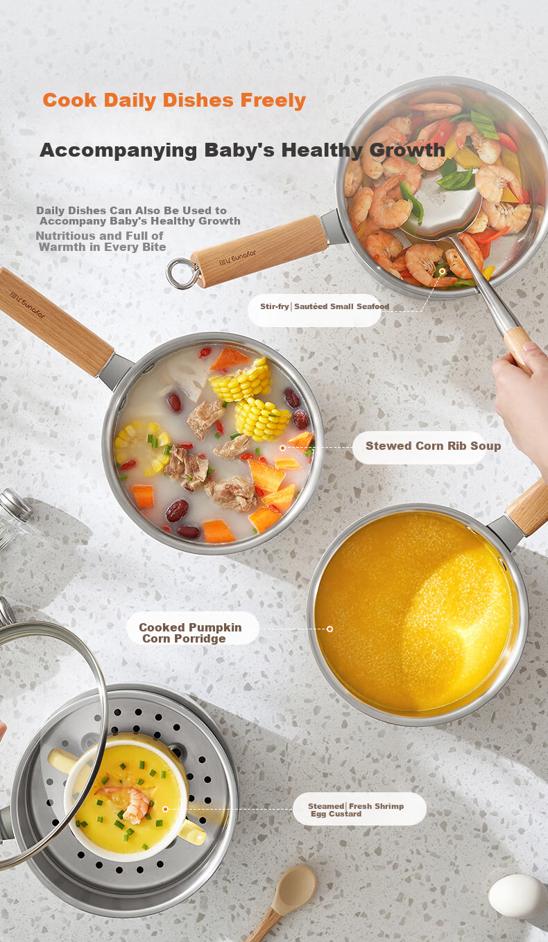 Joyoung Milk Pot, Thickened 316L Stainless Steel, No Coating, Baby Food Pot, Snow Plate Pot, Small Milk Pot, Soup Pot, 16cm, Free Steamer Insert Included 12