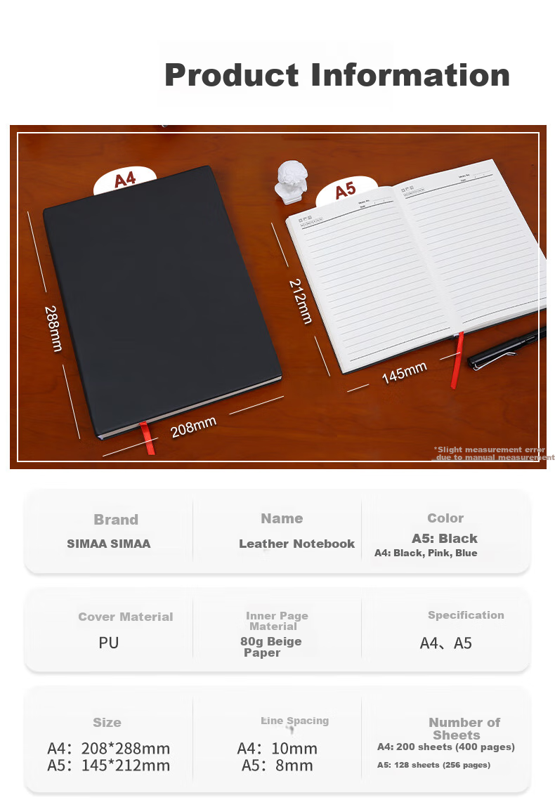 SIMAA A4 Extra Large And Thick Business Notebook Leather Cover Journal Student Stationery Work Diary Meeting Minutes Book Office Supplies Customizable 400 Pages/Book Black 2