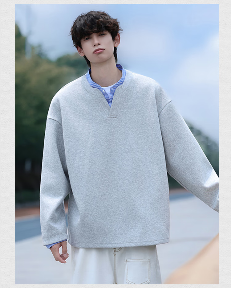 Dingfengbaoluo Men's Sweatshirt, Spring American Casual Style, Faux Two-Piece Loose Fit, Retro Shirt Collar Top, DP02 Aurora White, Size M 11
