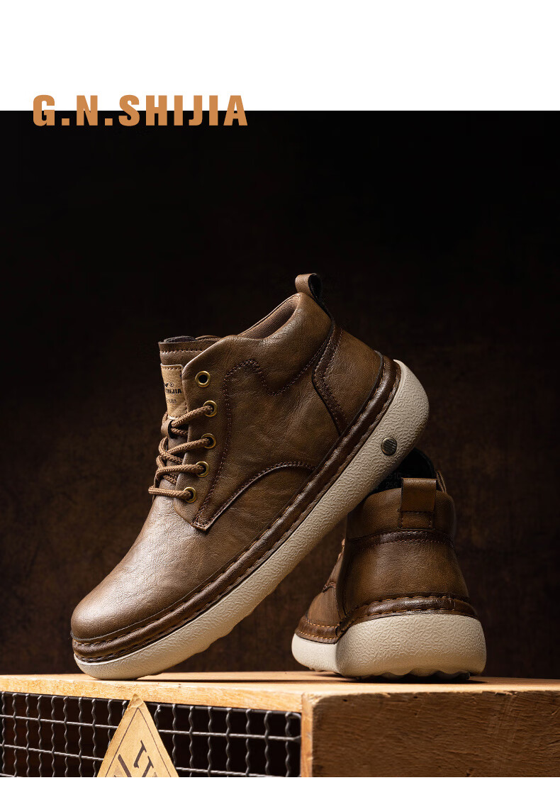 G.N.Shi Jia Men's Martin Boots Autumn Winter New Fashion Retro Work Shoes Casual Mid-top Lace-up Leather Shoes for Men 12