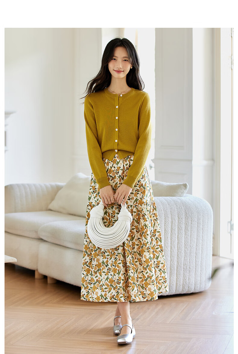 Fanximan Holiday Style Casual Set Women Autumn New Knitted Top and Skirt Two-Piece Set Apricot Base Red Floral L 15
