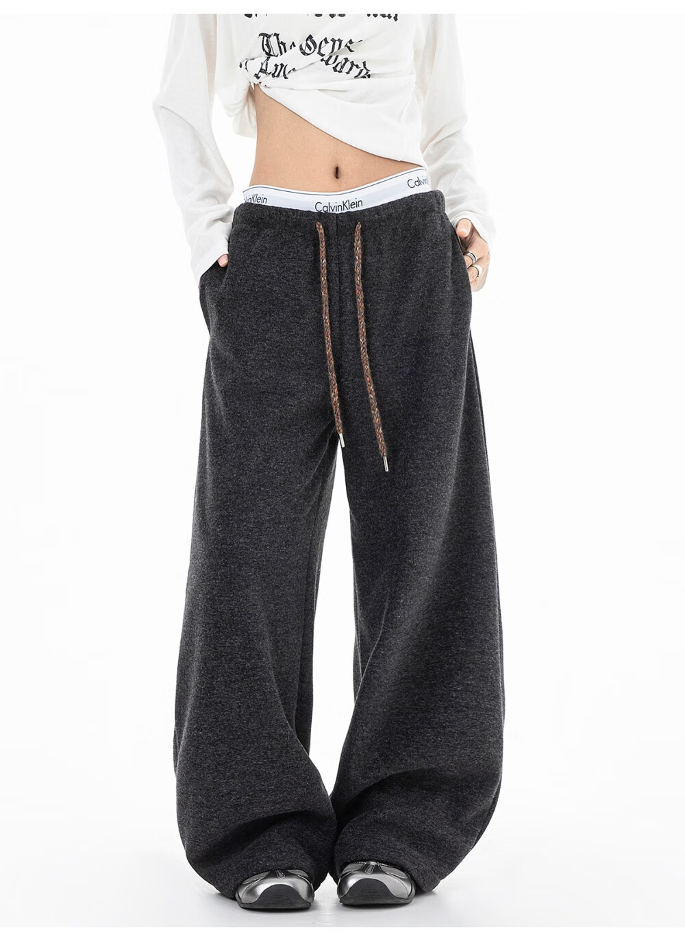 ICH MODE Women's American Style Fleece-Lined Casual Loose Fit Lazy Straight Wide-Leg Sports Pants Thickened Sweatpants Glutinous Rice Color XL 1
