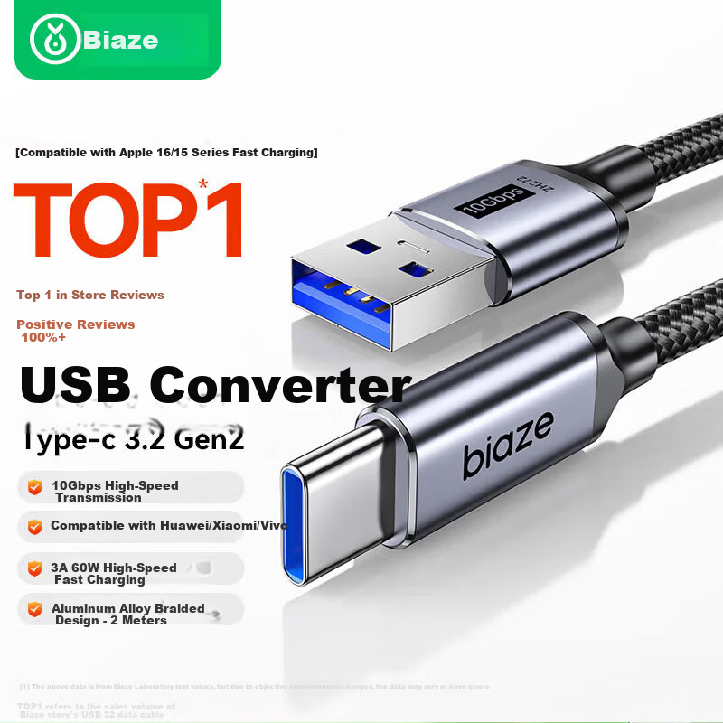 BIAZE USB3.2 to Type-C Data Transfer Cable, Car Carplay Connection Charging Cable for Apple IPhone 18/Duo/17/16 15 Pro Max, Huawei Xiaomi Phones, 2 Meters