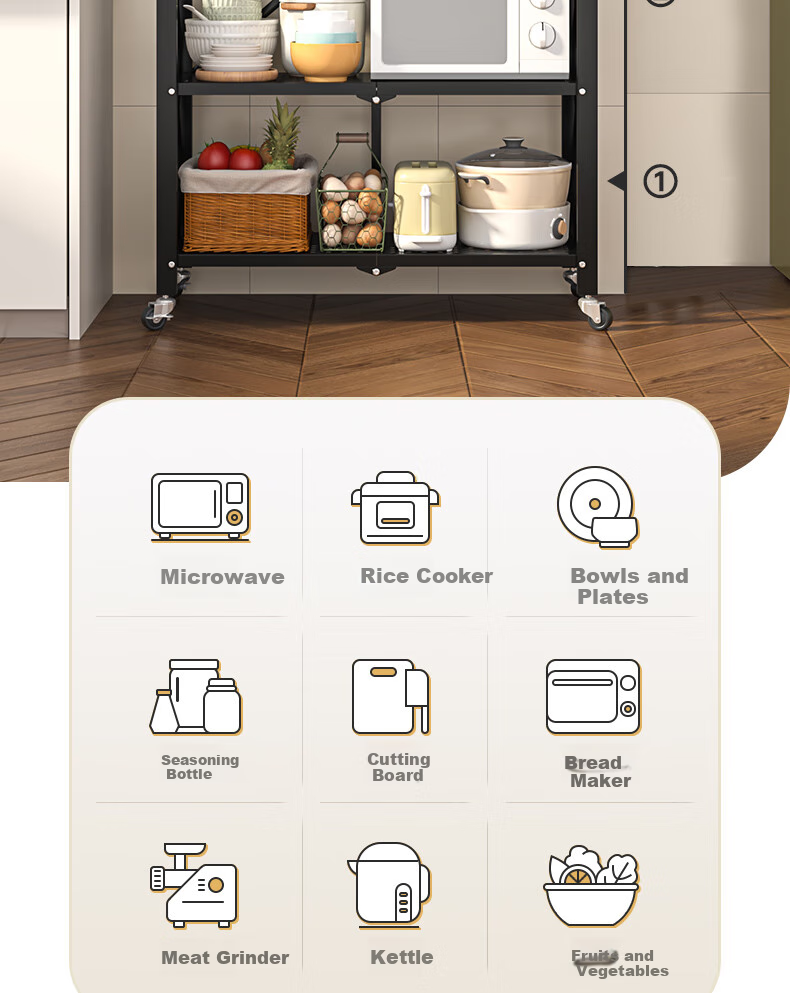 Leaijia Foldable Storage Rack, No Installation Required, Multi-Layer Kitchen Shelf, Movable Floor Storage Organizer for Oven And Microwave 4