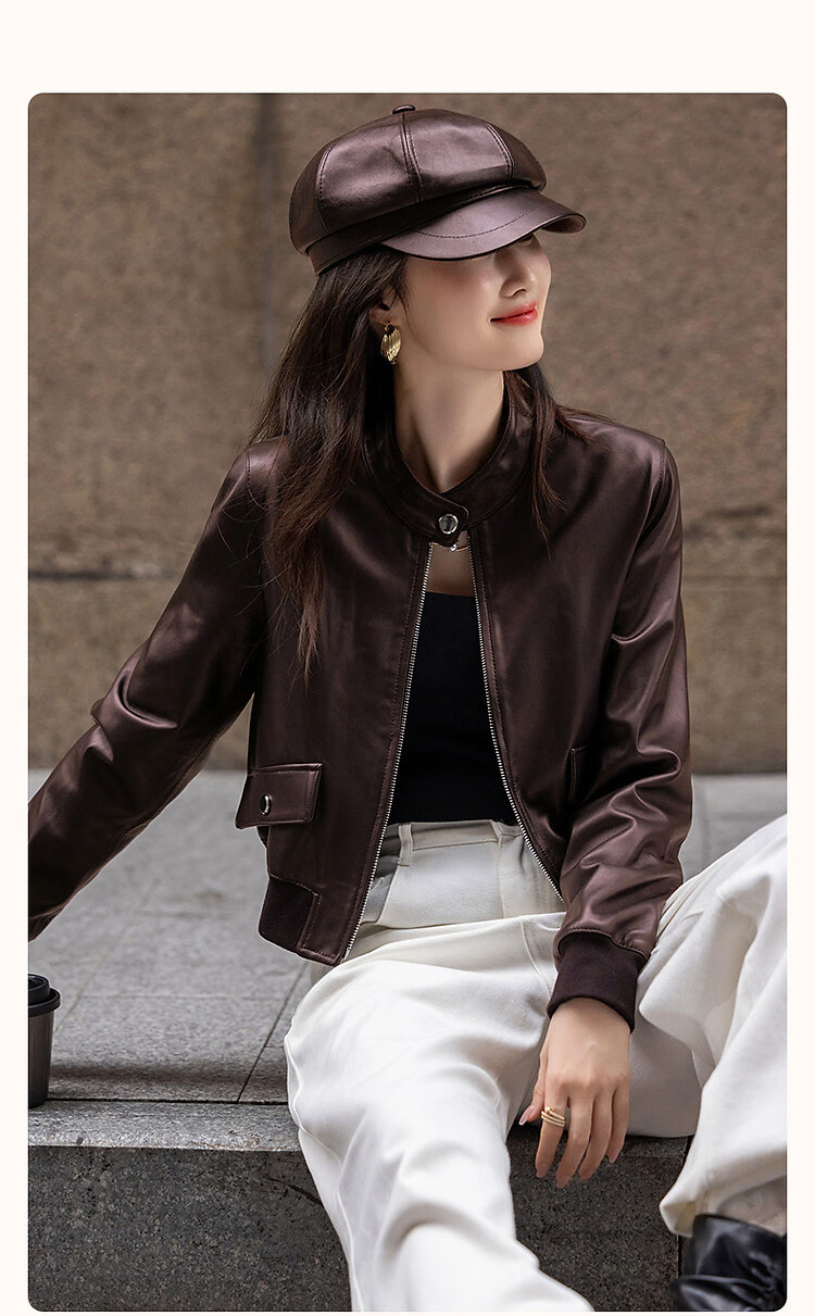Demana Minimalist Unisex Autumn Motorcycle Style Sheepskin Stand Collar Comfortable Slimming Fashionable Short Jacket for Women 1