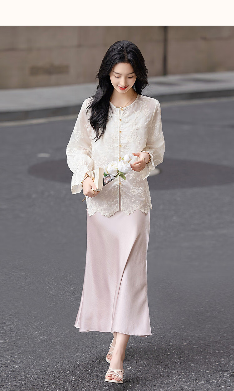 Demana Light Breath Lyocell Spring Autumn Hollow Lace Embroidered Bell Sleeve Shirt Petite Women's Top 7