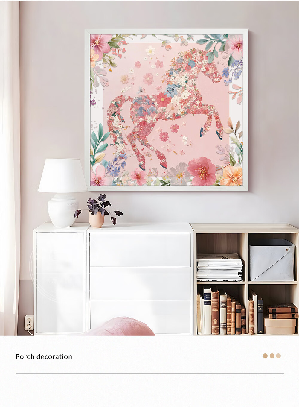 Yinghao Cream Style Living Room Sofa Background Wall Decorative Painting Blossoming Flowers and Galloping Horses Faux Silk Texture Square Wall Art 1