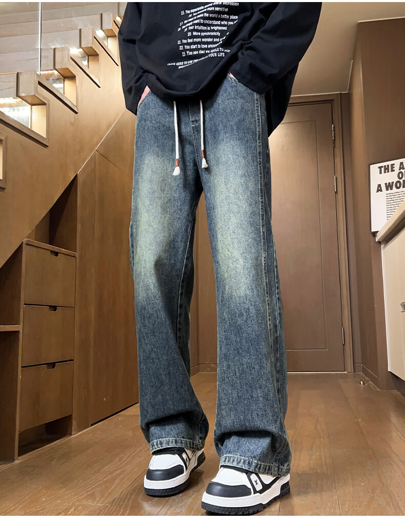 Paul Frank American-Style Jeans for Men, New Autumn Loose-Fit Micro-Bleached Pants, High Street Retro Trousers, Vintage Blue Regular Size L 2