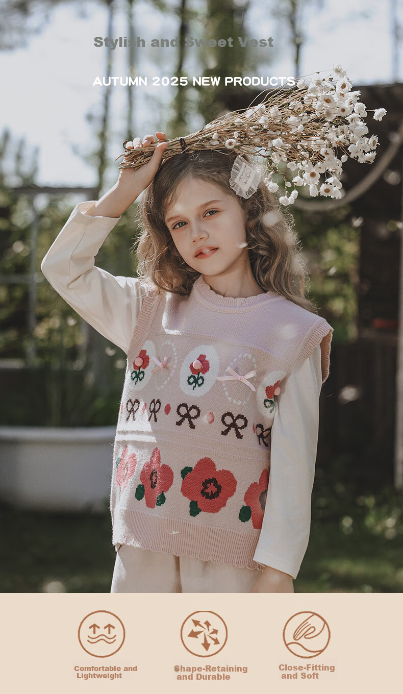 MOMOCO Girls' Vest Jacket Inner Wear Base Layer Outer Wear Stylish Sweet Cartoon Knitted Vest, White Apricot Color, Size 105 1