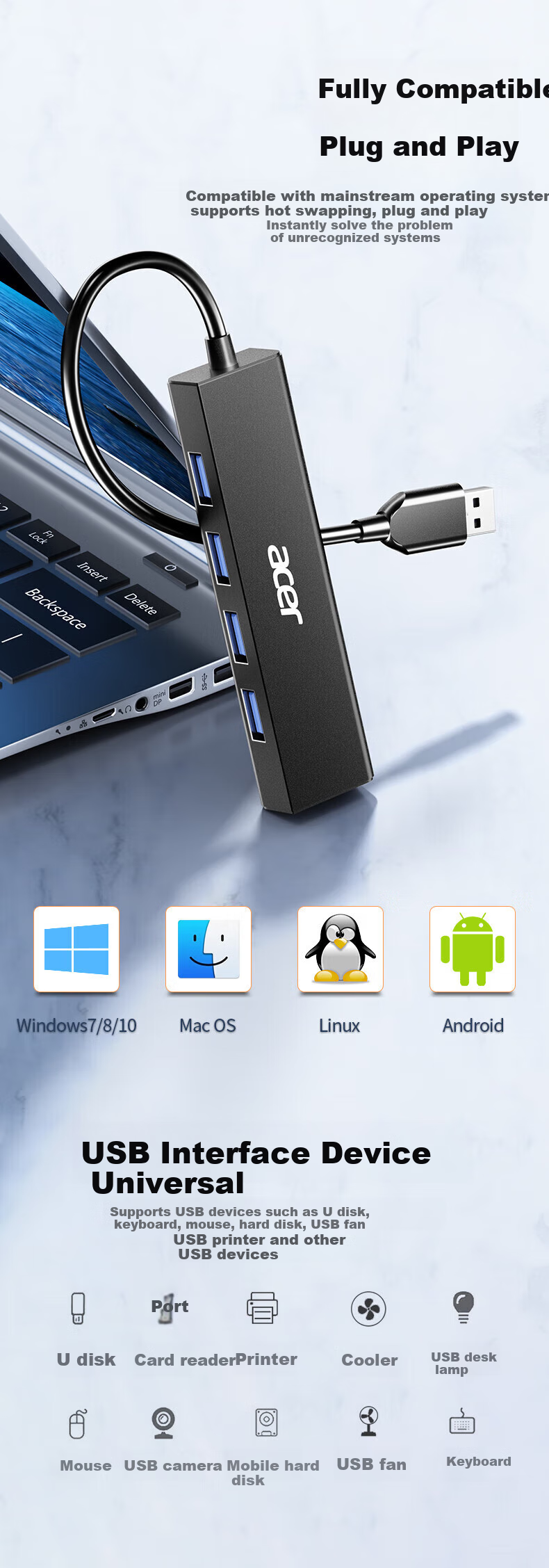 Acer USB 3.0 Hub, Expansion Dock, High-Speed 4-Port Hub Adapter, Compatible with Desktop Computers And Laptops, Multi-Port Converter, Extension Cable, 1 Meter 9