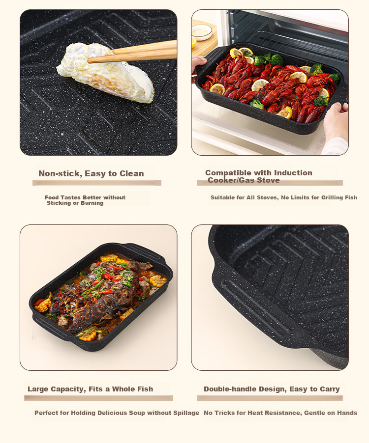 Vnash Deep Square Fish Grilling Plate, Steaming And Baking Fish Pan, Snack Plate, Barbecue Grill, 40cm, Carbon Steel 2