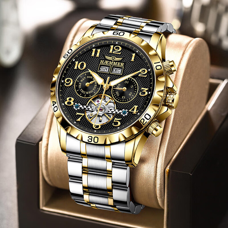 HAEMMER Men's Mechanical Skeleton Watch Perpetual Calendar Steel Band Luminous Ultra-thin Top 10 Brand Wristwatch Birthday Gift 1