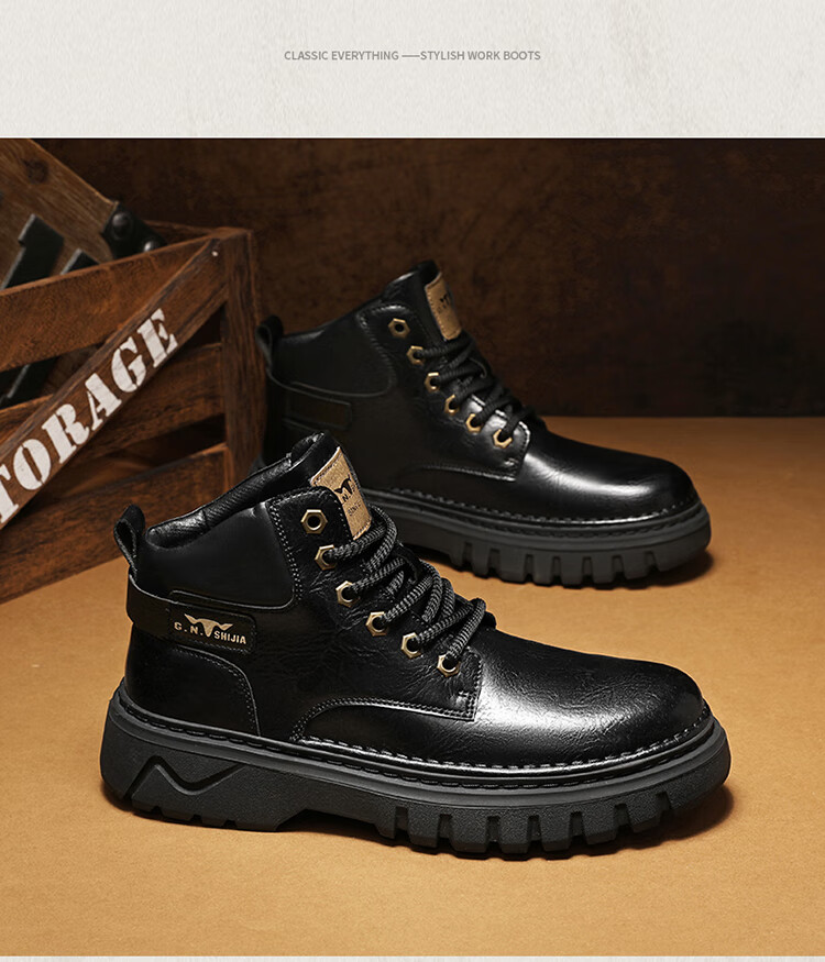 Bull Family Autumn Winter New Martin Boots Men's Outdoor Trendy Work Boots Versatile Retro Mid-High Lace-Up Boots for Men 13