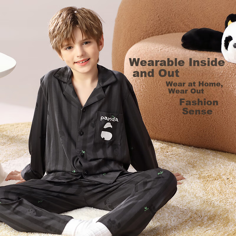 Yunxiangyi Boys' Pajamas, Autumn Cotton Antibacterial Fashionable Striped Bamboo Panda Sleepwear for Older Boys, Size 14