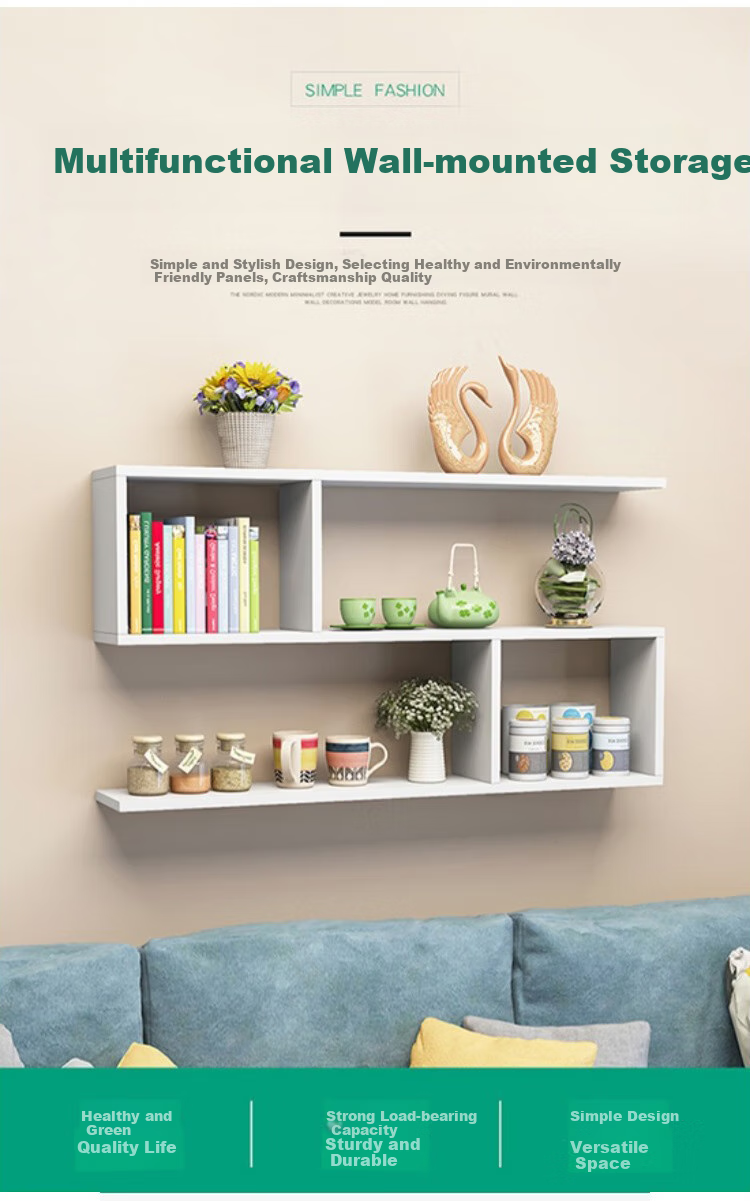 Ourunzhe Wall-Mounted Storage Rack, No Drilling Required, Double-Layer Hanging Cabinet, S-Shaped Storage Shelf, Decorative Bookshelf, Walnut Color 1