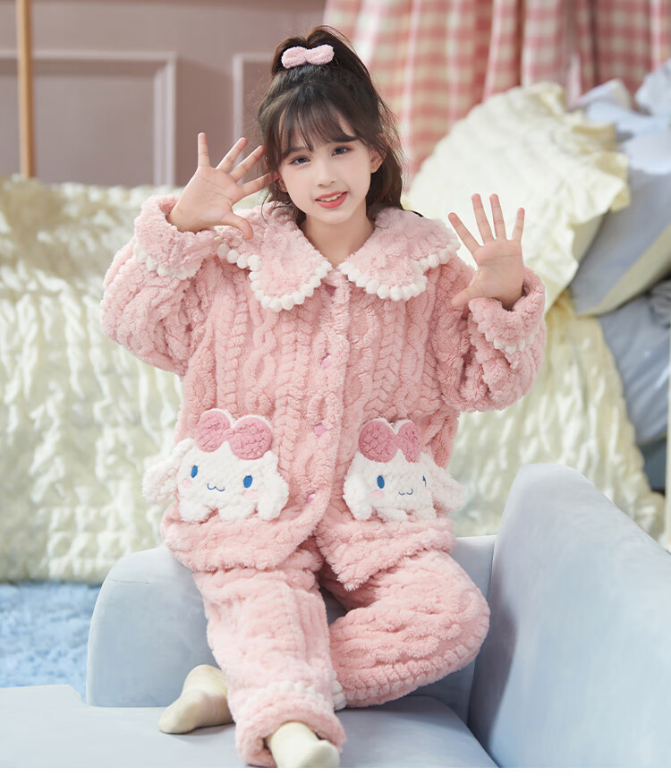 LangSha Children's Coral Fleece Pajamas Girls Autumn Winter 2025 New Thickened Flannel Homewear for Big Girls 9