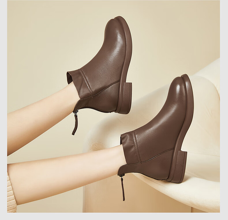 Fugui Bird Genuine Sheepskin Leather Ankle Boots Women Autumn Winter Fleece Lined Warm Fashion Boots Round Toe Chunky Heel Black Fleece Lined Size 37 8