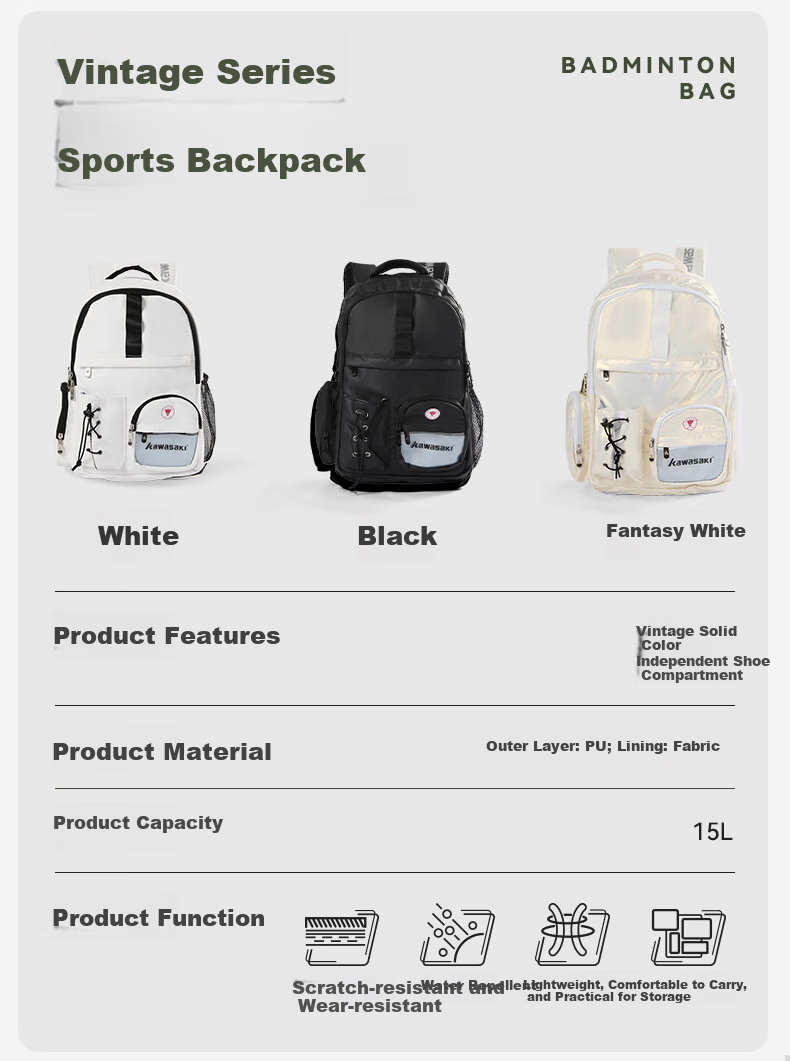 KAWASAKI Badminton Bag, Large Capacity Backpack, Professional Sports Backpack with Separate Shoe Compartment C8245 White 3