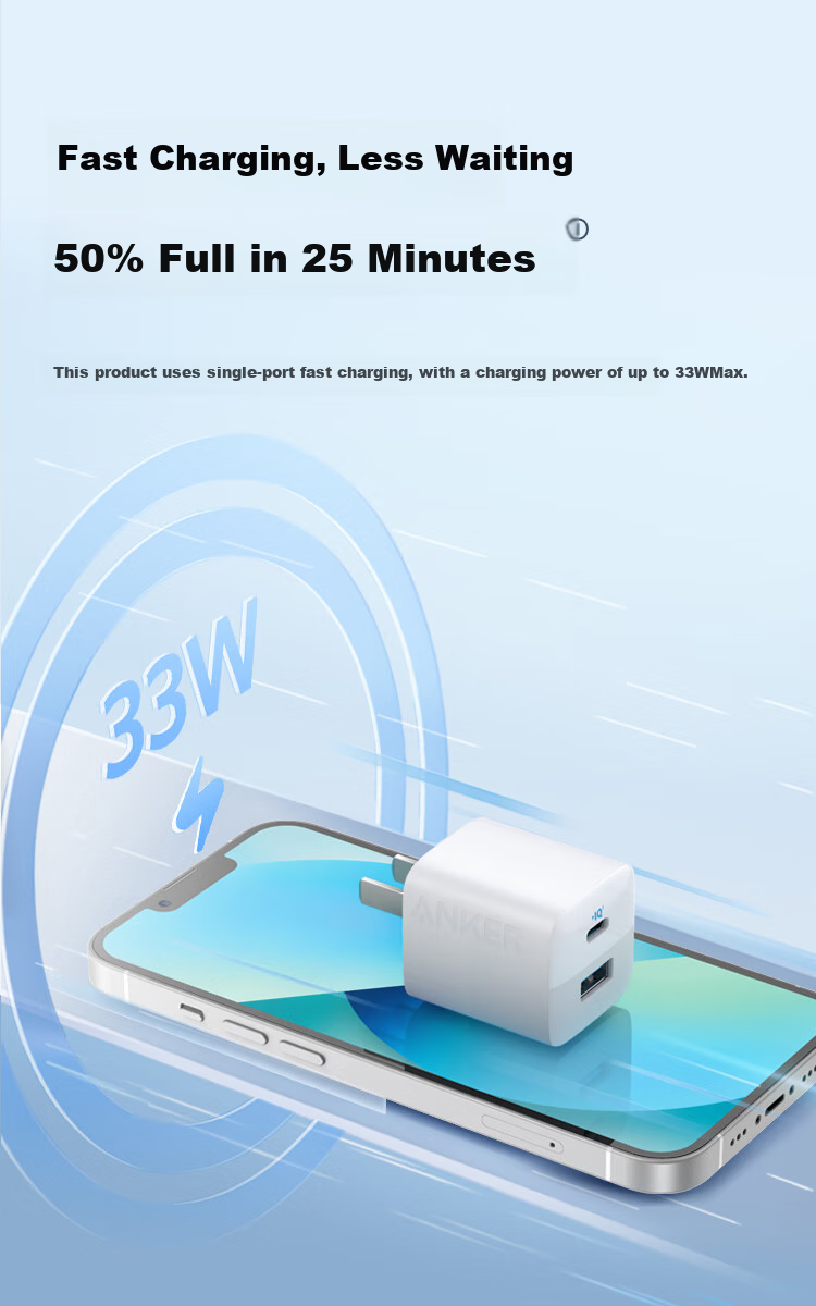 ANKE 33W Dual Port Charger PD Fast Charging Type-C Interface Compatible with 20W/30W Apple IPhone 18/17 Pro Max Phones Android Huawei Xiaomi USB Plug White 3