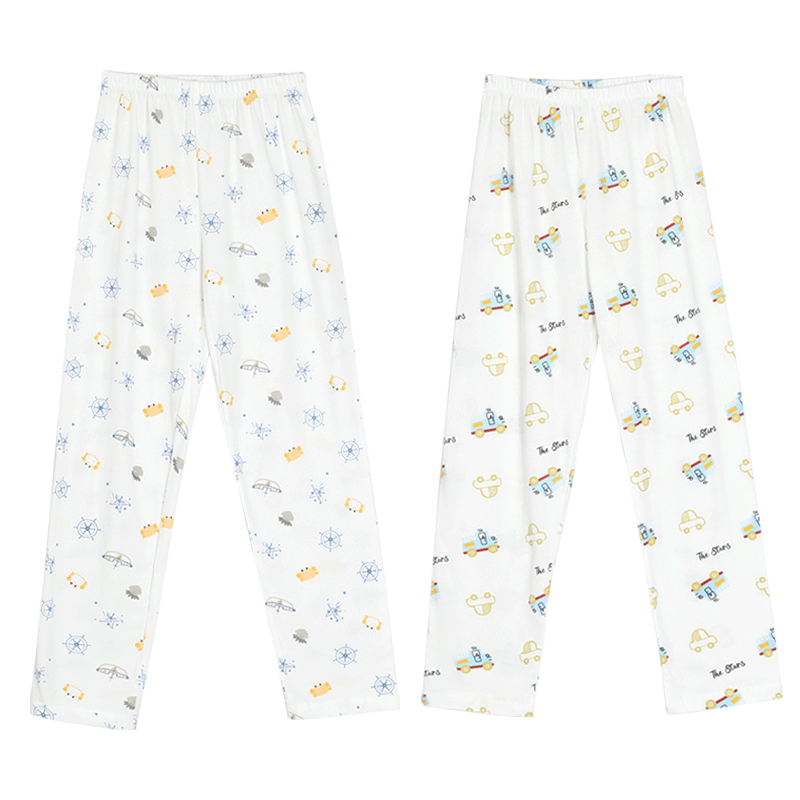 Hodohome Children's Pajama Pants for Boys, Pure Cotton Antibacterial Mesh Breathable Home Pants, Boys' Printed Long Pants, 2-Pack, 803 165