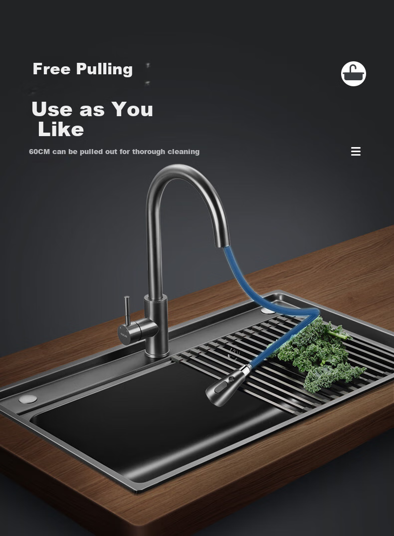 OULIN Kitchen Sink, Large Single Bowl, Undermount Basin, Vegetable Washing Sink, Three-Hole Series, Integrated Basin, Nano SUS304 Stainless Steel, 616H 15