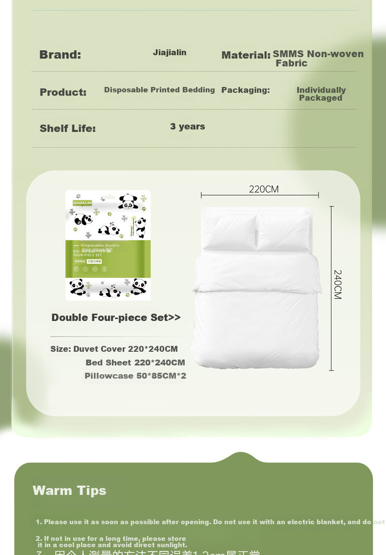 JAJALIN Disposable Four-Piece Set for Double Bed: Bed Sheet, Duvet Cover, Pillowcases, And Sleeping Bag Liner, Disposable Travel Essentials, Panda Design, 2-Piece Set 19