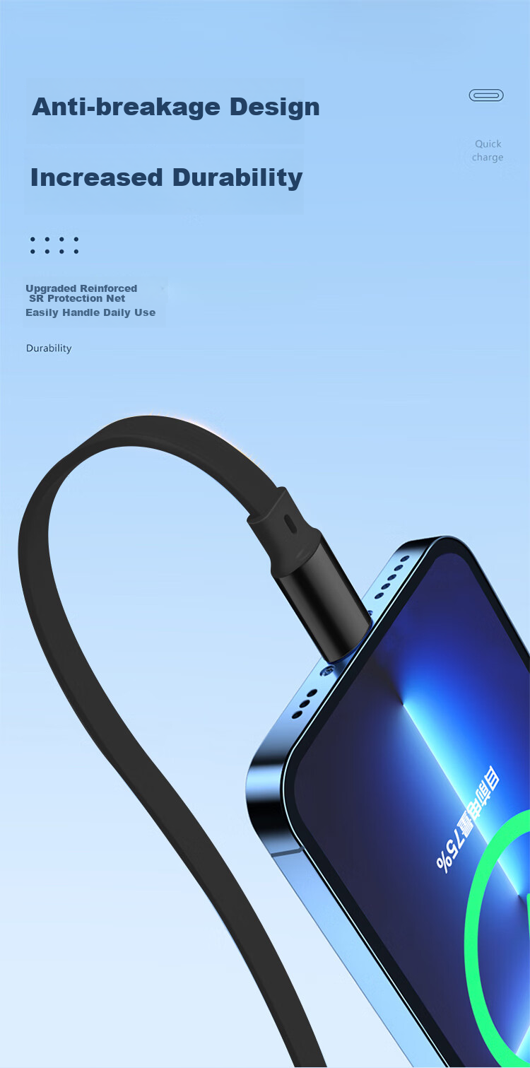Newmine Charger Cable, Three-In Retractable Data Cable, Fast Charging 22.5W, One-To Apple Type-C Android Phone Car Charger, Supports IPhone 15-18 Phones And Tablets, Black 9