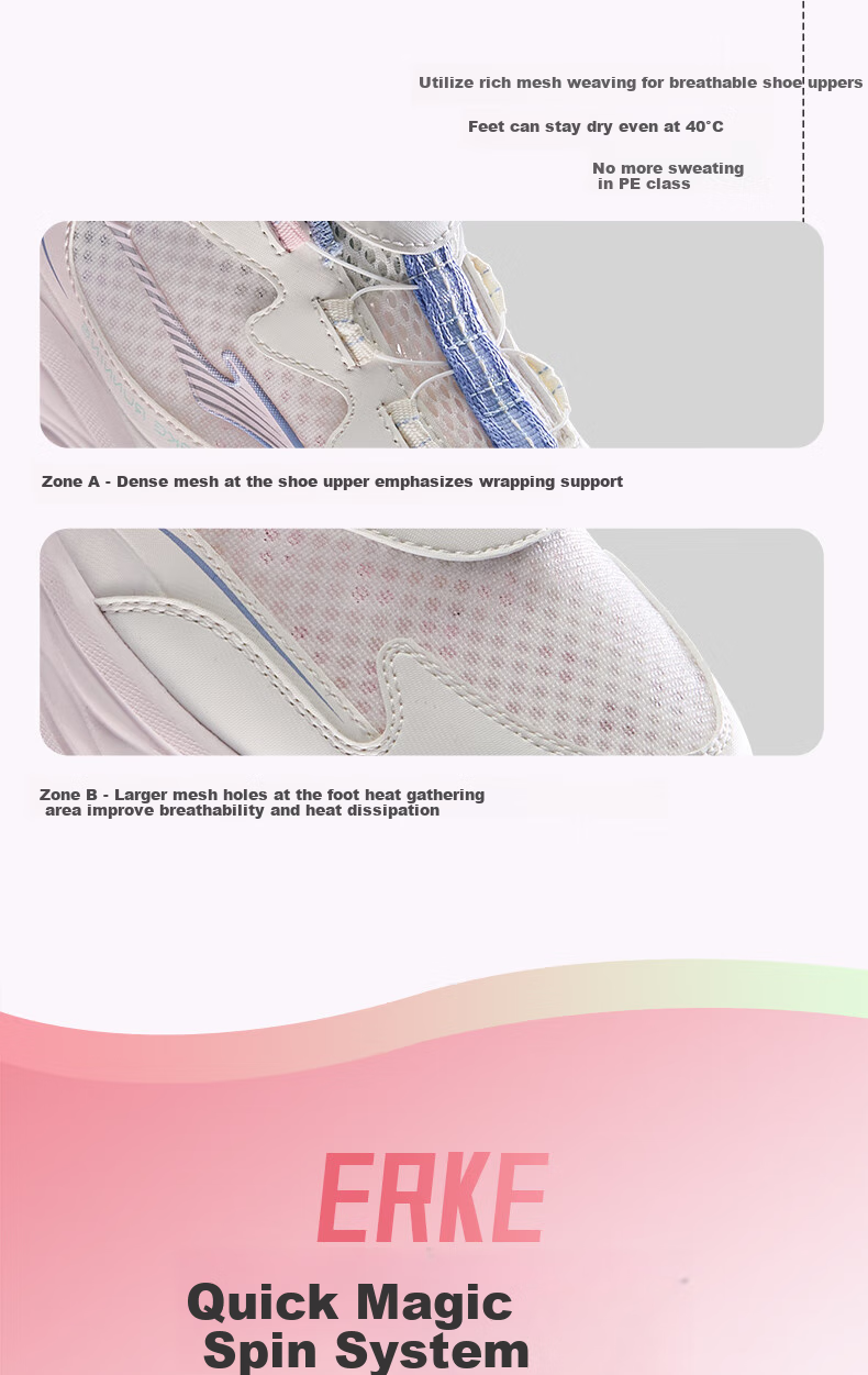 ERKE Kids Boys Girls Sports Shoes Children's Summer Breathable Knob Running Shoes Microcrystalline White/Pale Cherry Pink Size 39 16