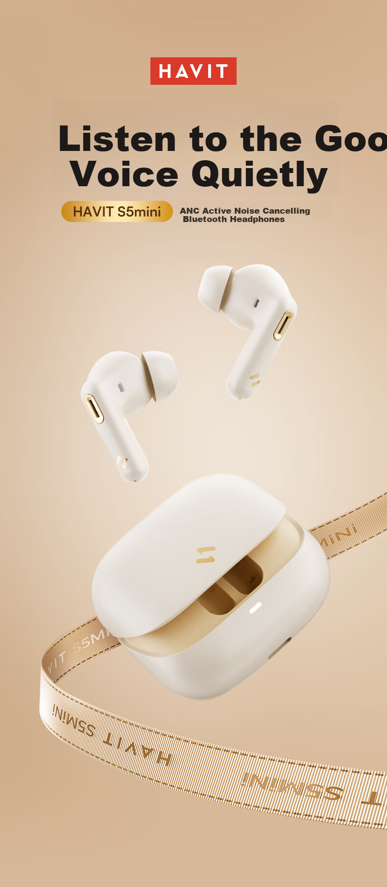 Havit S5mini True Wireless Active Noise Cancelling Bluetooth Earphones, ANC Bluetooth 5.3 In-Ear Headphones, Ultra-Long Battery Life, Compatible with Apple, Huawei, Xiaomi, White 1