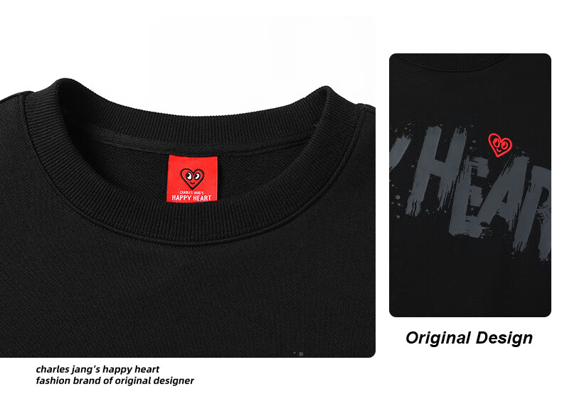 Charles Peach Heart American Style Pure Cotton Embroidered Sweatshirt Men Crew Neck Spring Autumn New Pullover Long Sleeve Top Black S 2