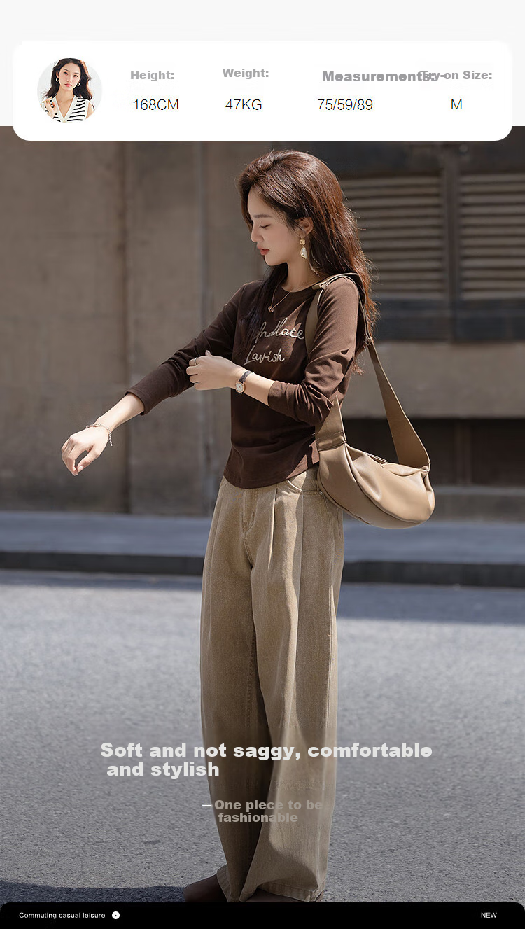 DME "Skin-friendly Cotton Ammonia" Autumn Design Color-blocking Letter Embroidery Round Neck Long Sleeve Petite Elegant Women's T-shirt 7