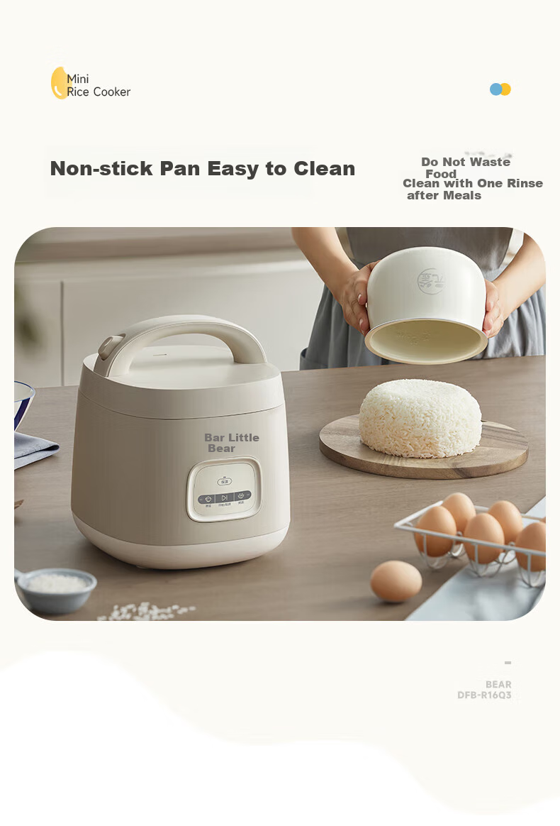 Bear Rice Cooker for 1-2 People, Mini Rice Cooker 1.6L, Home Small Multifunctional Smart Micro Pressure Cooking Pot, Porridge Cooker, Mini Soup Pot, Rice Cooker DFB-R16Q3 6