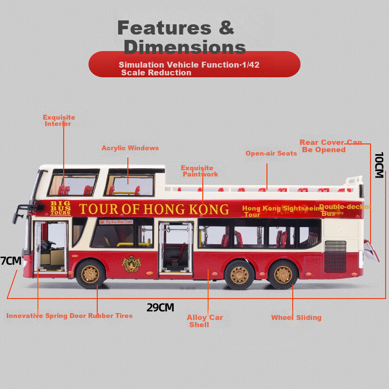 Chiyu Toys, Hong Kong Sightseeing Double-Decker Bus, Realistic Alloy Car Model, Toy Car Model, Gift for Boys 2