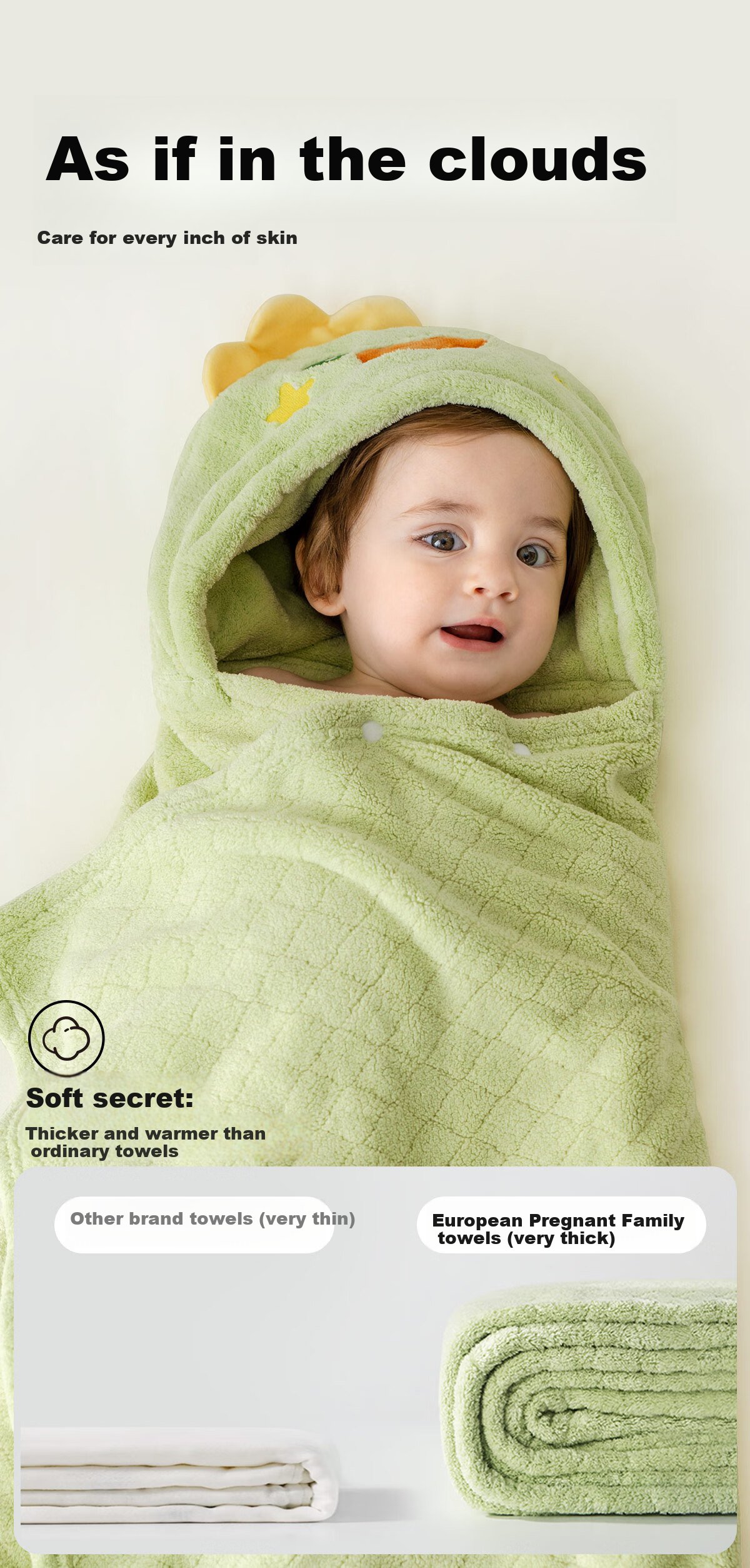 OUYUN Baby Bath Towel, Coral Fleece Quick-Dry Children's Cape Bathrobe with Hood, Baby Bathing Robe, Dinosaur Pattern, 145*85 Cm 6