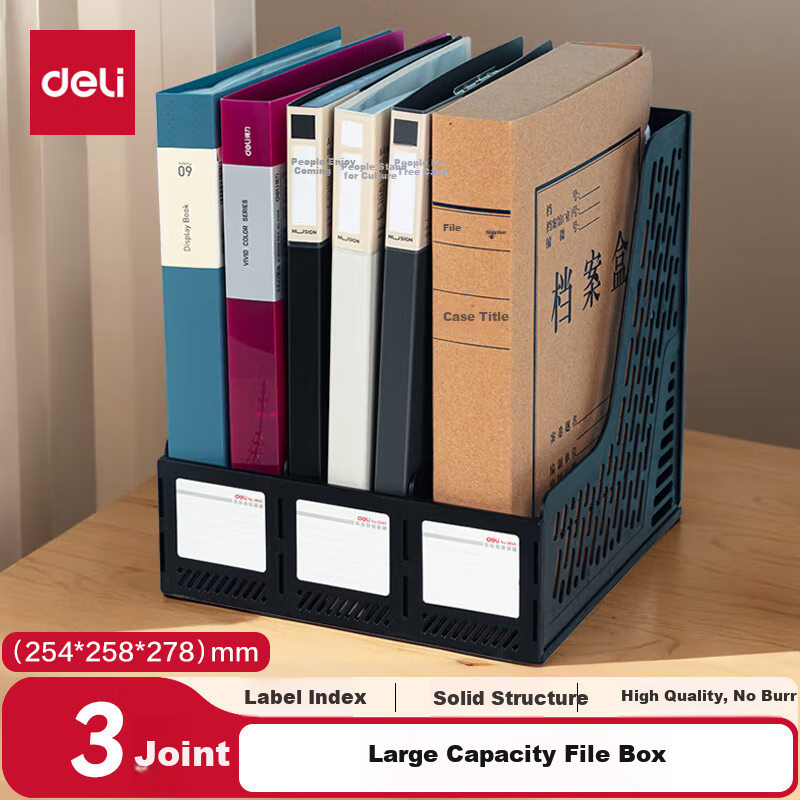 Deli Three-Tier Hollow Desktop File Organizer, Bookend Shelf, Document Storage Box, Office File Holder with Labels, File Storage Rack, Book And Document Organizer, Black 9845
