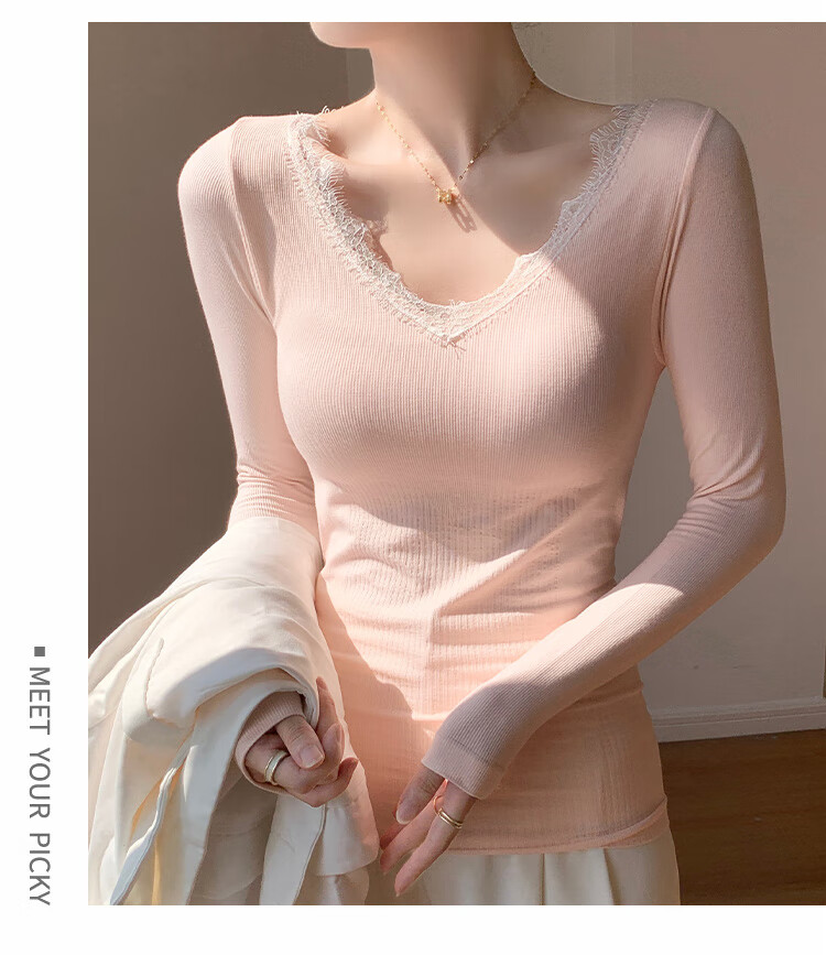 LangSha Women's Ribbed Long Sleeve T-Shirt Slim Fit Base Layer Bra-Free Spring Autumn Top 6