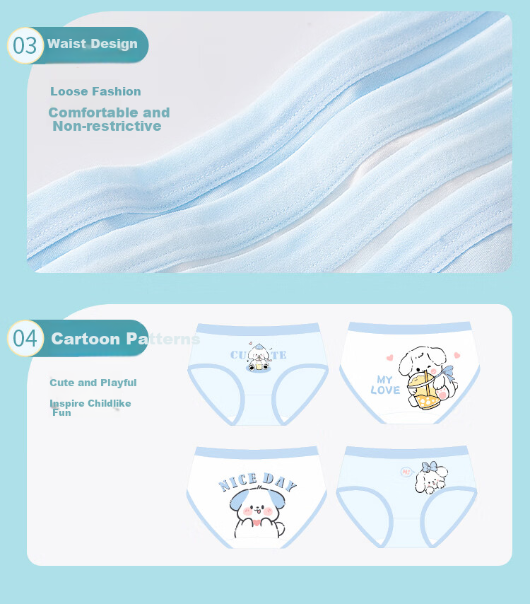 LangSha Children's Underwear, Girls' Panties, 5A Antibacterial, Teenage Developmental Period Triangle Briefs, 4-Pack, Blue Puppy Design, Size 140 13
