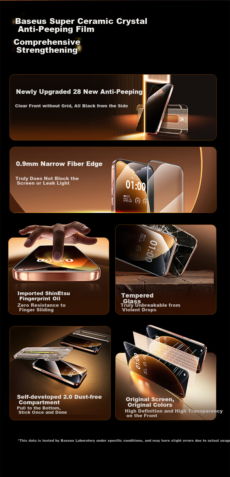 Baseus Ultra-Ceramic Crystal 28° Privacy Screen Protector for IPhone 17/16 Pro, Anti-Peeping Film, Apple 17/16 Pro Tempered Glass Film, Full Coverage Anti-Fingerprint Protective Film for IPhone 17/16 Pro 3