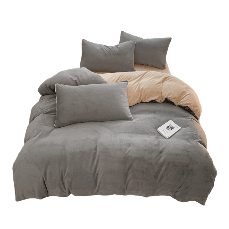 Grace Milk Velvet Three-Piece Set, Thick Flannel Student Dormitory Single Duvet Cover 150*200cm - Classic Gray + Champagne