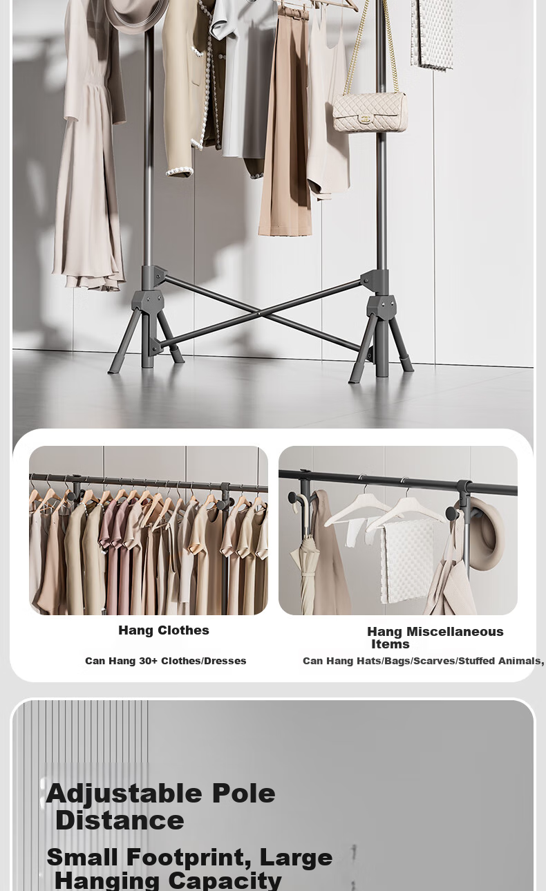 MAPLE FASHION Foldable Portable Clothes Drying Rack, Indoor Single-Pole Laundry Stand, Balcony Quilt Drying And Hanging Rod, 1.6 Meters, Gray 5