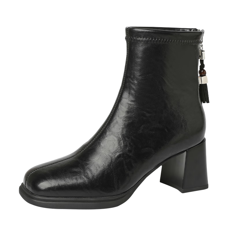 DAPHNE Vintage High Heel Fleece-Lined Ankle Boots for Women Petite French Square Toe Fashion Chunky Heel Slim Leather Boots Black 37