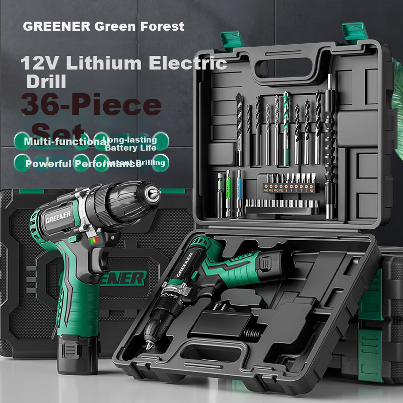 GREENER 12V Electric Drill, Cordless Screwdriver, Household Rechargeable Electric Tool Box, 2.0 Battery Set